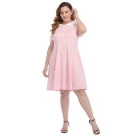 HDE Plus Size Peter Pan Collar Dress Fit and Flare Collared Casual Skater Dress Pink