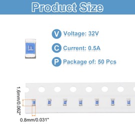 MECCANIXITY 50Pack 32V 0.5A Surface Mount Device Fuse, One Time Fast Acting Surface Mount 0603 Square Ceramic Fuses for LED Lighting Battery Devices Telecom System Over Current Protection