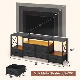 HAUOMS TV Stand for 75 Inch TV, Entertainment Center with LED Light & Power Outlets,63" Industrial TV Stand with 6 Fabric Drawers for Bedroom,Charcoal Black Wood Grain Print