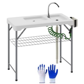 Portable White Folding Fish Cleaning Table for Camping Patio Faucet Drainage Hose Sprayer Shelf Drawer Storage Basket OutdoorColor: White Color