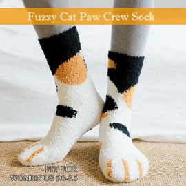 Cute Cat Paw Socks,Fleece Winter Furry Socks Cat Printed Calf Sockfor Women Teens (6 Pairs Cat)