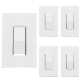 TG White Light Switch with Screwless Wall Plate, Decorator Paddle Rocker Wall Switch, 4-Way, 3 Wire, Grounding Screw, Residential Grade, 15A 120V/277V, UL Listed, LS-D415-WSP5P, 5 Pack