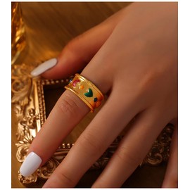 IMINI Colourful Heart Ring Band for Women Girls Men Stainless Steel Statement Ring Love Heart Wide Thick Finger Band Stackable Rings Engagement Promise Ring Bands, Non-precious metal, No Gemstone