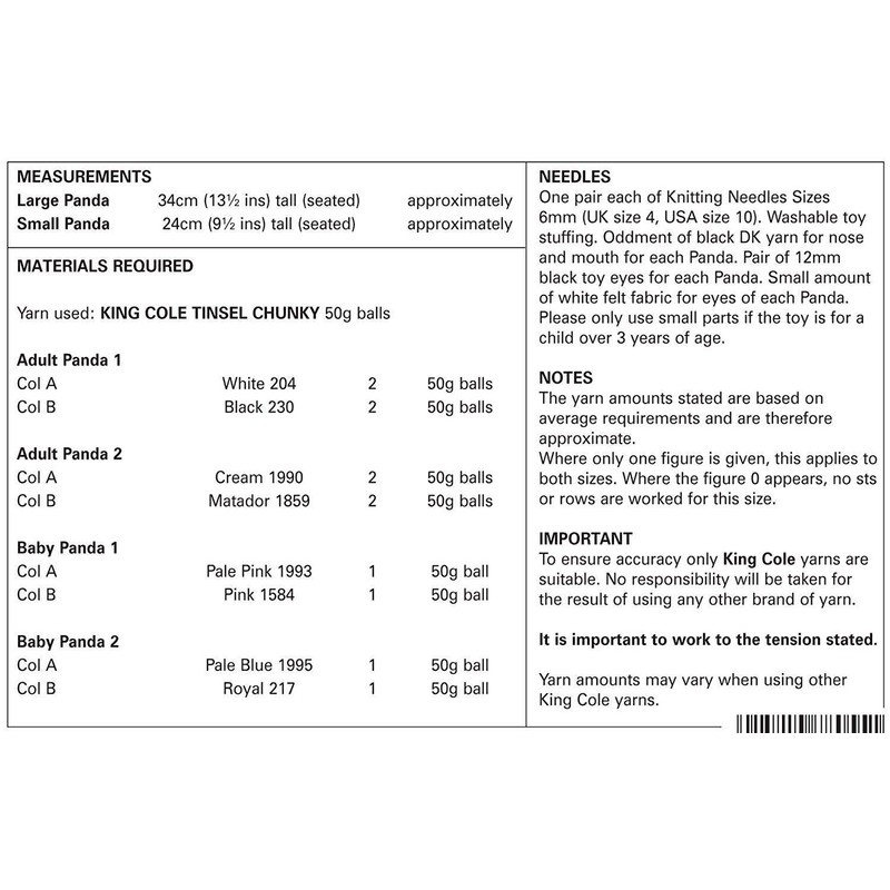 King Cole 9059 Knitting Pattern Panda's in Tinsel Chunky
