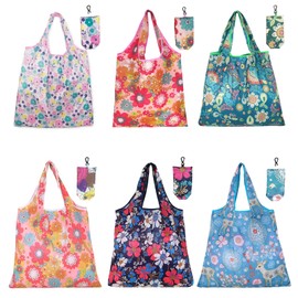 6 Pack Foldable Reusable Shopping Bags,Tote Bags, Grocery Bags with Hook, Eco-friendly Travel Recycle Shopping Bags in Pocket, Waterproof and Machine Washable for Daily Shopping Supplies load