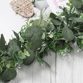 SOMYTING Artificial Mixed Eucalyptus Leaves Garland Faux Silver Dollar Eucalyptus with White Seeds Greenery Vines for Wedding Arch Backdrop Table Mantel Christmas Indoor Outdoor Decor (4PCS)