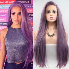 AFBeauty Purple Lace Front Wig Synthetic Long Straight Gluless Lavender Wig Half Hand Tied Free Part Natural Looking Realistic Colorful Purple Wigs For Women