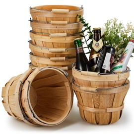 Marsui 10 Pcs 5.9 x 7.5'' Round Wooden Baskets Easter Baskets Portable Wood Fruit Buckets with Handles Garden Harvest Basket Fruits Vegetables Storage Container Party Supplies(Natural Wood Color)