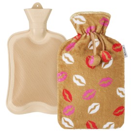 Kufl Rubber Hot Water Bottle with Soft Fleece Cover - Beige - Volume: 2 L - Large Opening - Relieves Periodic Pain, Abdominal Pain, Cramps - Heat Dispenser on Cold Days (Beige, 2L)