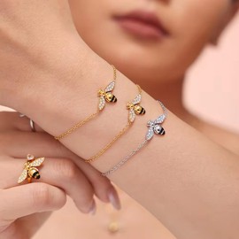 Dainty Honey Bee Charm Bracelet For Women Adjustable Chain Stainless Steel Cute CZ Insect Bumble Bee Stackable Link Bracelet Delicate Good Luck Jewelry Graduation Inspirational Gifts For Best Friend
