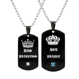 Uloveido His Princess Her Prince Crown Pendant Matching Couples Dog Tag Necklace Hip Hop Military Army Style Jewelry Y1224, Brass, Cubic Zirconia