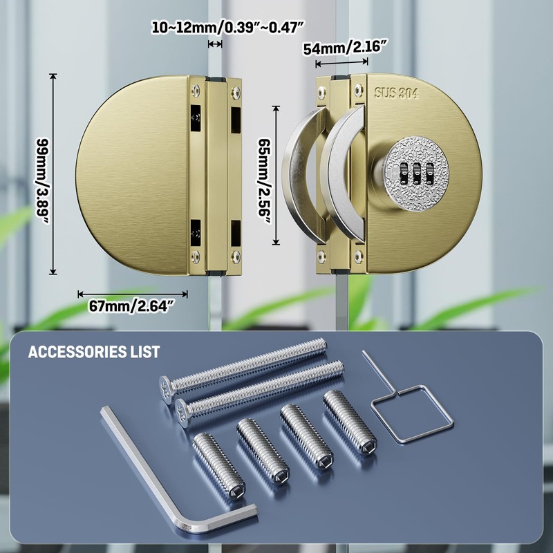 Ranbo Frameless Mechanical Combination Glass Door Lock, No-Drill Installation, Fits
