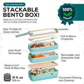 Tarlini | Premium Green Bento Box for Adults - 3-Stackable Containers - Ideal for Work & On-The-Go - Includes Utensil Set - Eco-Friendly Design - Lunch Box Containers for Healthy Meal Prep