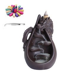 Ceramic Backflow Incense Burner Set,Waterfall Backflow Incense Holder with 45 Cones, Aromatcherapy Ornamen,Dragon & Buddha Statue for Spa Office Bedroom Yoga (Dripping Water Dragon)