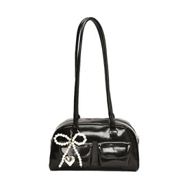 Lapimou Horizontal Bag, Ribbon Bag, Boston Bag, Handbag, Shoulder Bag, Women's, Horizontal Ribbon, Bowknot, Silver, a4, Large Capacity, Popular, Trend, Stylish, Cute, Black