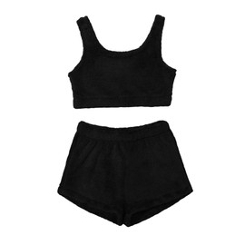SweatyRocks Women's Fuzzy Pajamas Set Crop Tank Top with Shorts Loungewear Pure Black M