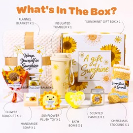 Sunflower Gift Box for Women, Sunshine Birthday Gifts, Luxury Self Care Package, 9-in-1 Gift Baskets with Blanket, Tumbler, Candle, Bath Bomb, Plush & More, Get Well Soon, Valentine Day Gifts