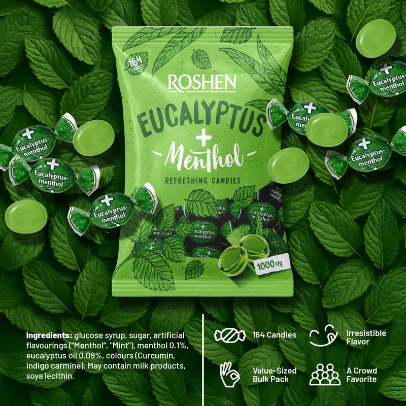 Roshen Eucalyptus-Menthol Hard Candy – Refreshing Mint & Eucalyptus Flavor,