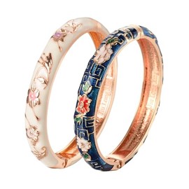 UJOY Vintage Cloisonne Bangles Bracelet Enamel Floral Spring Cuff Clasp Indian Golden Jewelry for Women 55A81-55A114 Blue