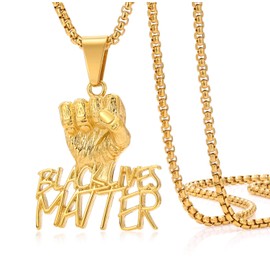 ROWIN&CO Power Fist Pendant Necklace For Men Women Black Lives Matter Hip Hop 18k Gold Stainless Steel 24" BLM Chain.