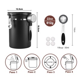Bote Hermético para Café - 1800ml Recipiente de Café de Acero Inoxidable, con Identificador de fecha y Cuchara para café molido, granos,té - Negro