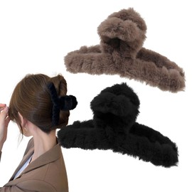 Shefun JP229 Hair Clip, Large, Tightly Curled, Hair Clip, Hair Clip, Hair Clip, Hair Clip, Set of 2, Black, Brown, 2 Piece Set, Hair Claw, Large, Fluffy