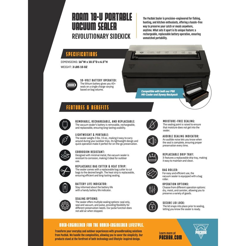 PacBak Portable Vacuum Sealer machine food Preservation, ROAM 18-V, Rechargable