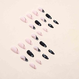 Enppode Almond Press on Nails Medium Fake Nails Black Nails with Flowers Design Nude Matte Nails for Women