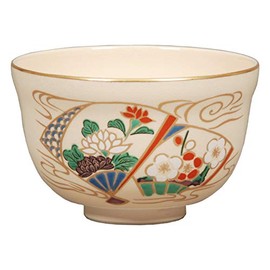 Hideka Miyachi Eikou Matcha Bowl, White, Size: Diameter 4.9 x Height 3.1 inches (12.4 x 7.8 cm), Ninsei Fan Flowing Water in Paper Box