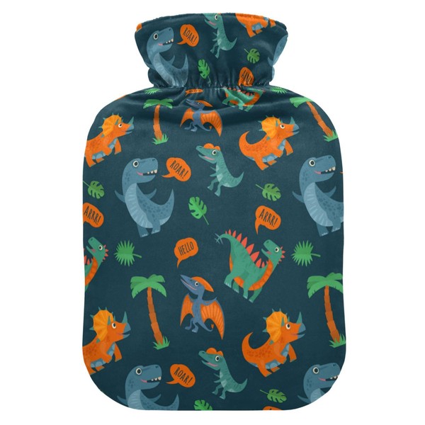 Hot Water Bottle, 1L Small Hot Water Bottles with Cover, Leak Proof Best for Winter Sports Outdoors Relief from Back Neck and Leg Cold Muscle Pain and Cramps (Cartoon Cute Dinosaur Roar)