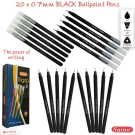 SAINO Trigrip Ballpoint Pens Triangular Grip Giga Pack Smooth Biros (20 x 0.7mm BLACK Ball Pens + iZOFAX Black Ball Pen)