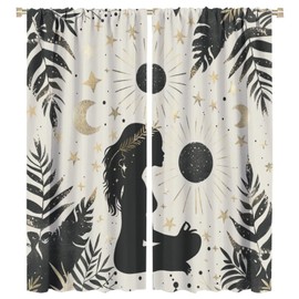 TIKRBMLB Black White Yoga Meditation Blackout Curtains for Bedroom Living Room, Moon Star Woman Silhouette Thermal Insulated Room Darkening Curtain- 2 Panels 42" W x 45" L