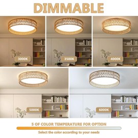 Ogmokila LED Rattan Flush Mount Ceiling Light Fixture, Boho Light Fixtures Ceiling 16.9 inch, 24W Dimmable Rattan Ceiling Light 5CCT 3000K-6000K for Hallway Bedroom Kitchen Entryway Living Room