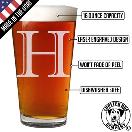 Etched Monogram 16oz Pint Glass for Beer or Soda (Letter H)