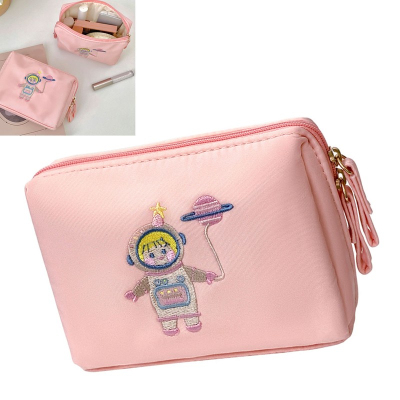 Spaceman Embroidered Mini Makeup Bag Zipper Closure Multi Compartment Travel