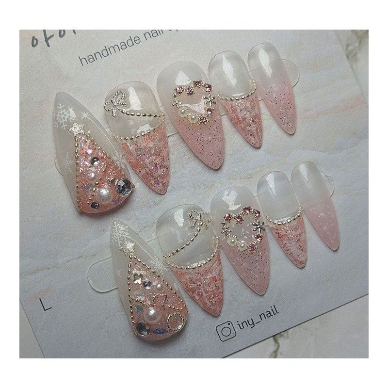 [In-store special discount]Pink Tree Tweed Winter Handmade Nail Tips -