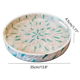 I-lan 14 Inch Round Beige Blue Mother of Pearl Severing Tray with Handle and 2 Inch Side, Lacquer Wooden Shell Decorative Tray, Gorgeous Inlay Nacre Ottoman Tray for Food, Breakfast, Coffee Table, M