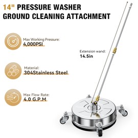 14" Pressure Washer Surface Cleaner with 4 Wheels, Stainless Steel Housing, 4000 PSI Max, 3 Connect Nozzles & 2 Extension Wands, Pressure Washer Surface Cleaner for Concrete, Patios, Sidewalks
