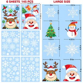 AOWDIAO Christmas Window Clings - 145 Pcs Xmas Glass Stickers, Santa, Snowflakes, Reindeer, Snowman - Winter Holiday Window Decorations for Festive Spirit
