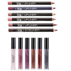 6 Lapices Delineador Labios Mate Ivy + 6 Brillos Labiales con Glitter Bissu - Set Labios 12 piezas