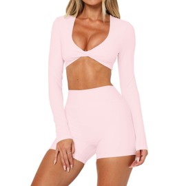 INFITTY Women's Long Sleeve Crop Workout Tops Double Lined Twist Deep V Neck T Shirts Yoga Athletic Top Pink M