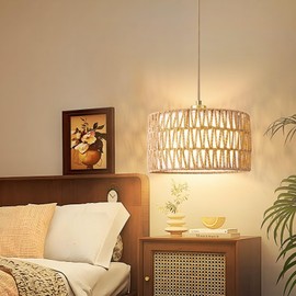 Beser·Win Plug in Pendant Light Rattan Hanging Lights with Plug in Cord, Woven & Fabric 2 in 1 LampShade, Hanging Lamp Plug in for Bedroom Living Room Kitchen Island (Bulb Included)