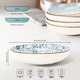 YALONG 8.5 Inch Ceramic Pasta Bowls Set of 4, 34 oz Salad and Soup Bowls, Embossed Blue and White, Microwave & Oven Safe Perfect for Daily Dining, Family Gatherings, Party.
