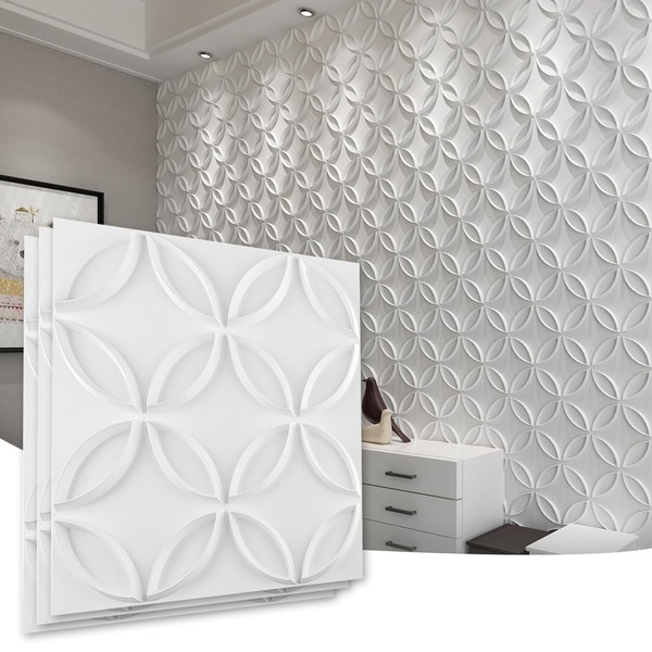 Art3d PVC 3D Wall Panel Interlocked Circles in Matt White Cover 32 Sq.ft, for Interior Ceiling and Wall Decor for Residential or Commerical