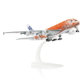 QIYUMOKE A380 1/400 ANA Color Orange Turtle Style Design Metal Die Cast Finished Airplane Model Airbus A380 Model Aircraft (18cm) with Display Stand for Aircraft Gift or Alloy Airplane Collection
