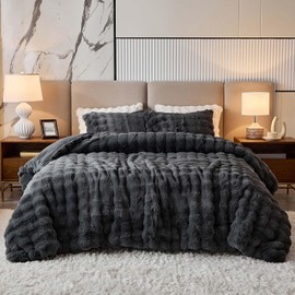 Queen Faux Rabbit Fur Comforter Set - 3 Pieces Fluffy Bedding Set Ultra Soft Warm Shaggy Winter Flannel Bed Set, Luxury Skin Friendly Sherpa Comforter Set & 2 Pillow Shams for Thanksgiving Dark Gray