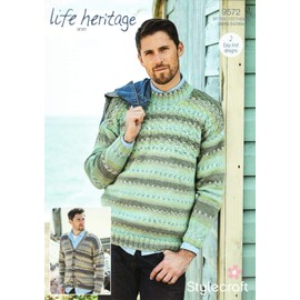Stylecraft Mens Crew Neck Sweater V-Neck Cardigan Life Heritage Knitting Pattern 2 Designs 9572 Aran
