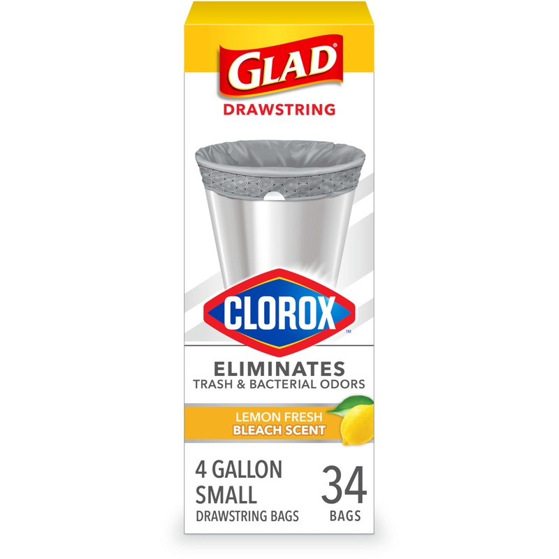 Glad Small Drawstring Trash Bags with Clorox, 4 Gal, Lemon