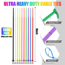 1000 Pcs 8-Inch Color Cable Ties - 30 lbs Tensile Strength, 10 Mixed Colors Self-Locking Zip Ties for Indoor Outdoor Organization, Cord Management & DIY Projects
