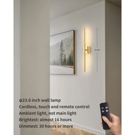 KDG Cordless Wall Sconces Set of 2, Wireless 7000mAh Rechargeable Battery Operated LED Wall Lamps with Remote, 360° Rotate Lightings for Wall Painting, Bedroom, Hallway, Night Light 23.6 inch (Gold)